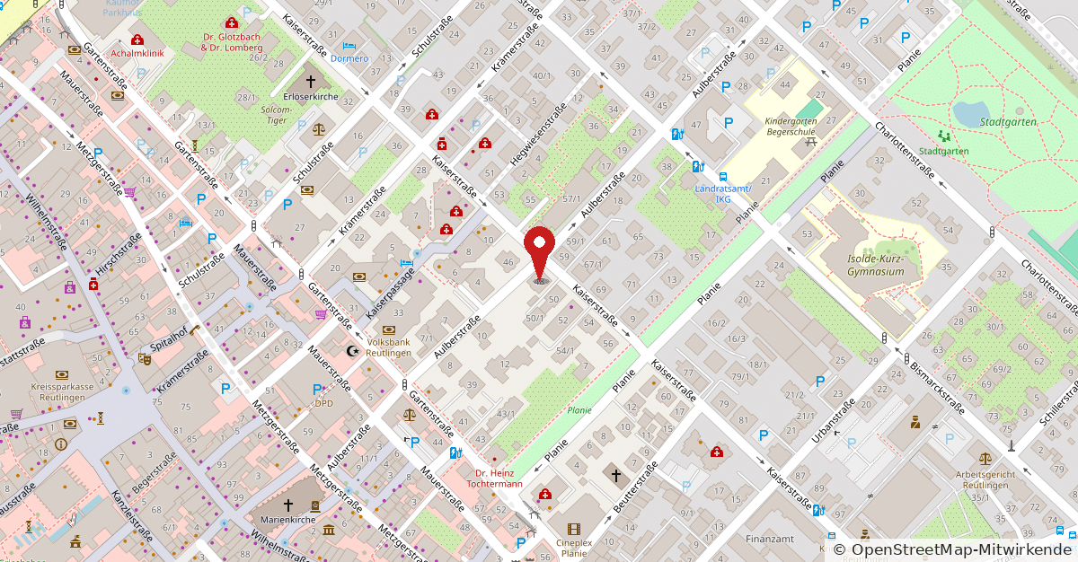 Stadtplan von Reutlingen mit Markierung des Salons in der Kaiserstraße 48